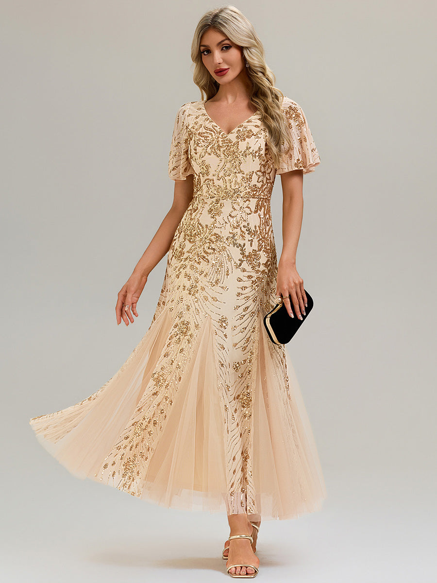 Robe de soirée brodée à paillettes et manches à volants #Couleur_Dorée