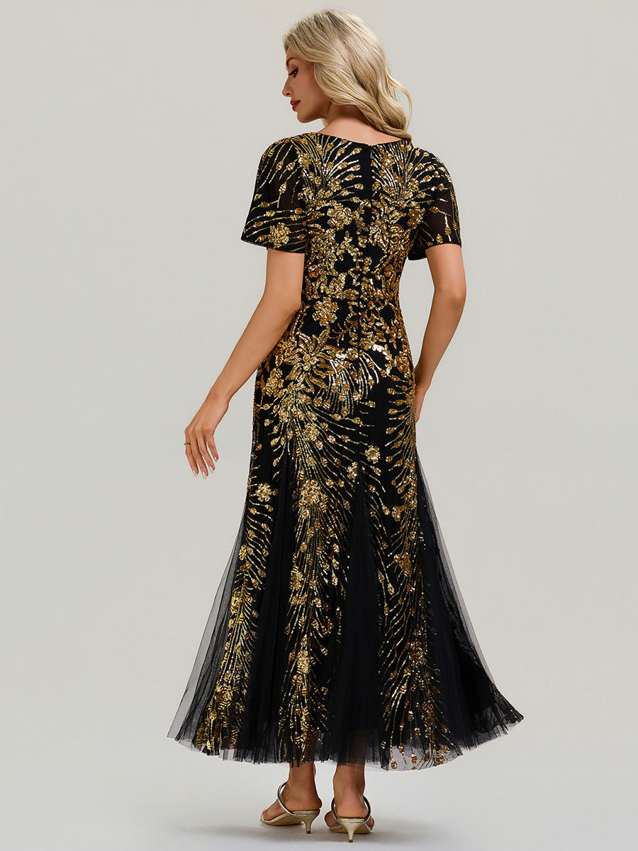 Robe de soirée brodée à paillettes et manches à volants #Couleur_Noir & Or
