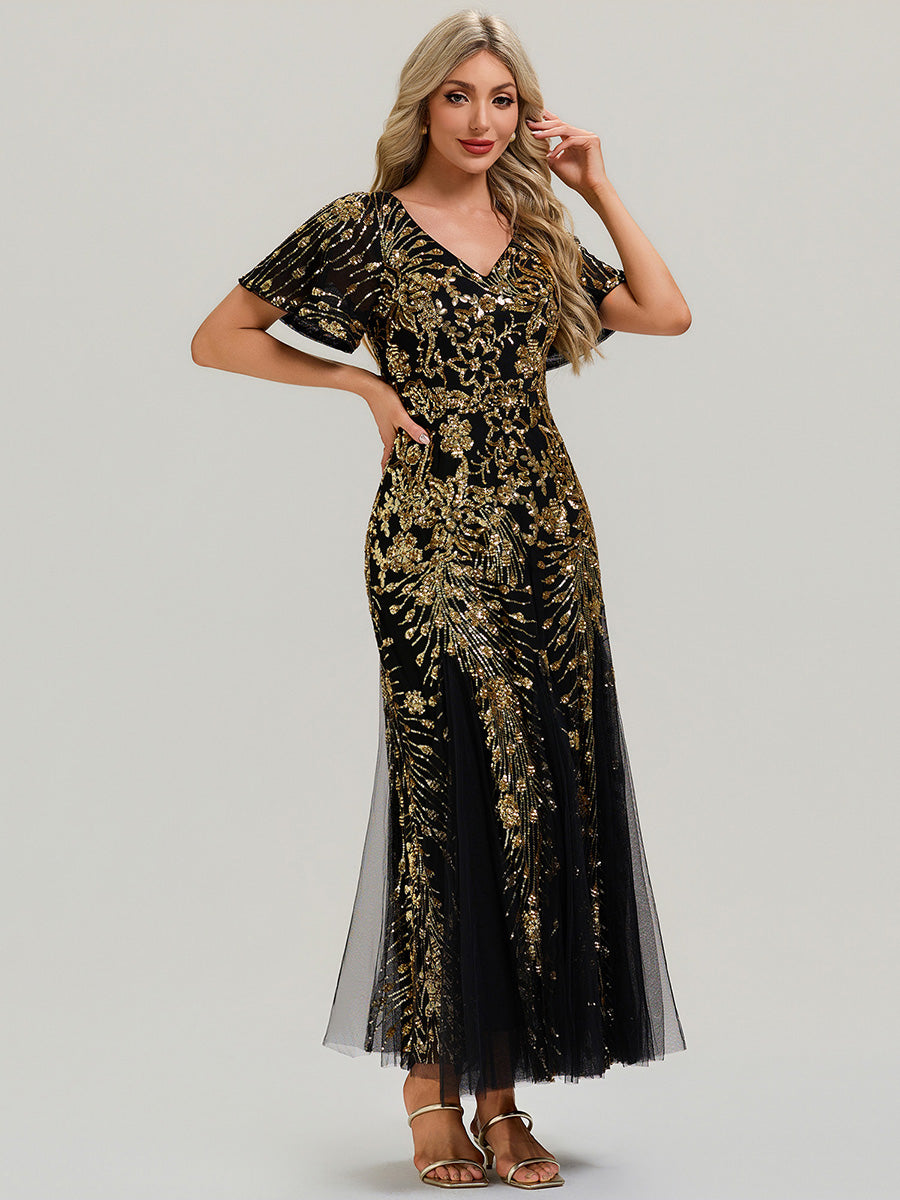 Robe de soirée brodée à paillettes et manches à volants #Couleur_Noir & Or