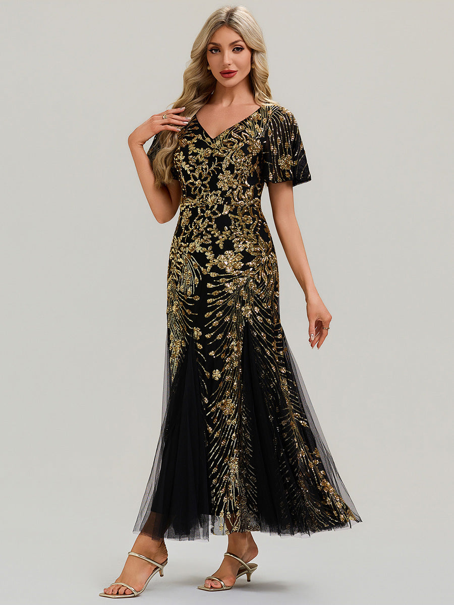 Robe de soirée brodée à paillettes et manches à volants #Couleur_Noir & Or