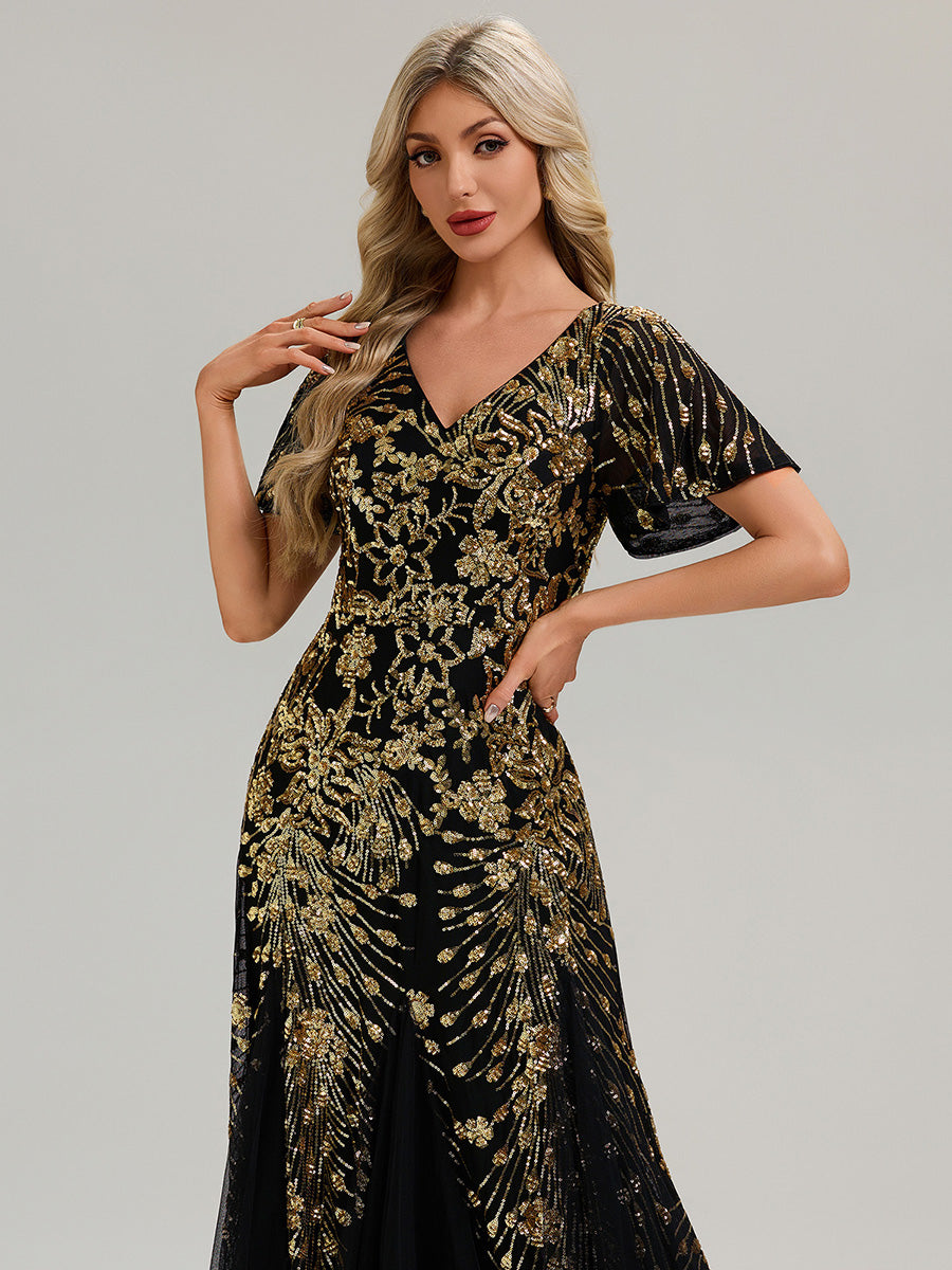 Robe de soirée brodée à paillettes et manches à volants #Couleur_Noir & Or