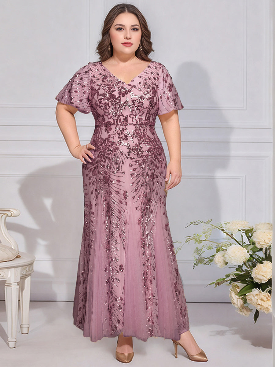 Robe de soirée brodée à paillettes et manches à volants #Couleur_Orchidee