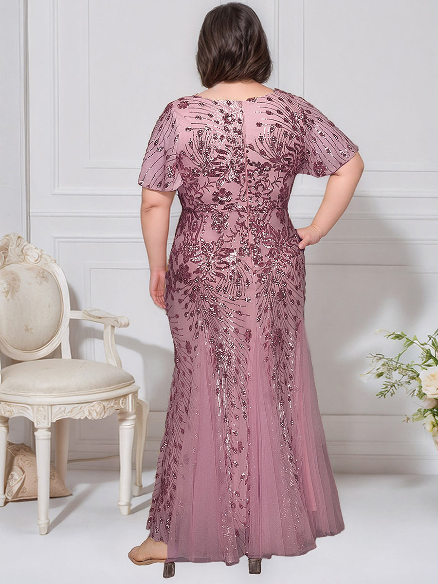 Robe de soirée brodée à paillettes et manches à volants #Couleur_Orchidee