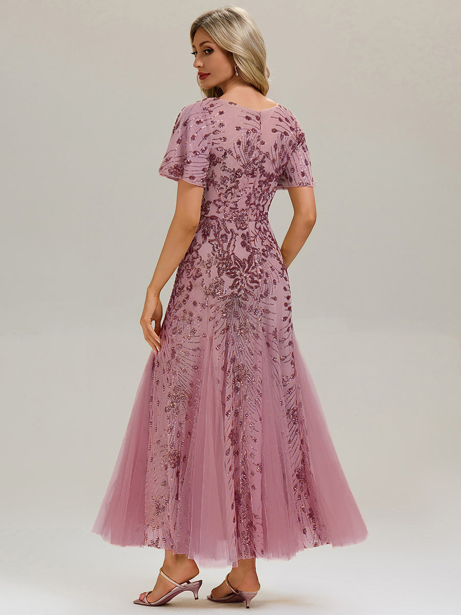 Robe de soirée brodée à paillettes et manches à volants #Couleur_Orchidee