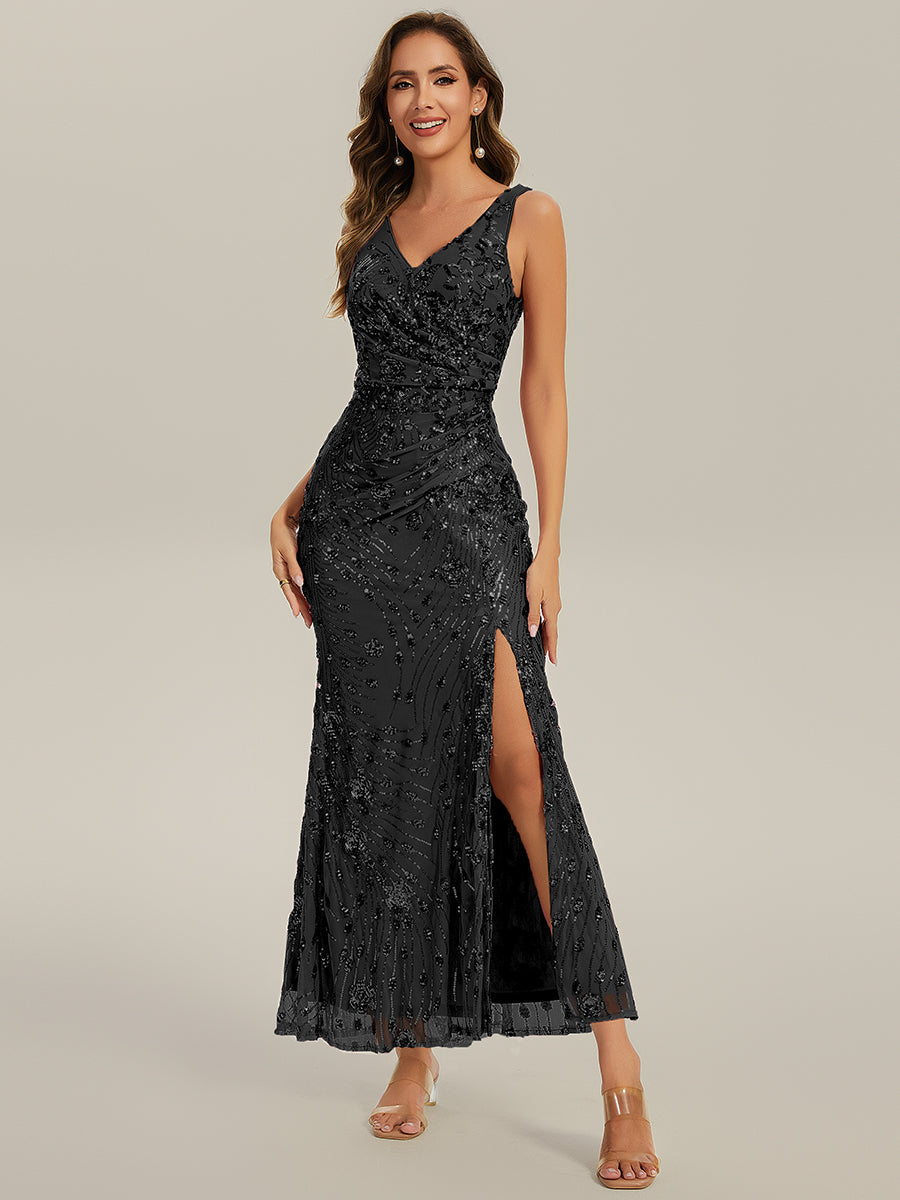 Robe de soirée moulante à sequins froncés #Couleur_Noir