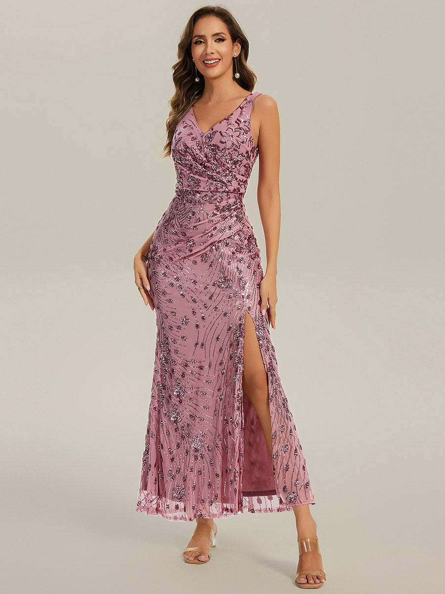 Robe de soirée moulante à sequins froncés #Couleur_Orchidee