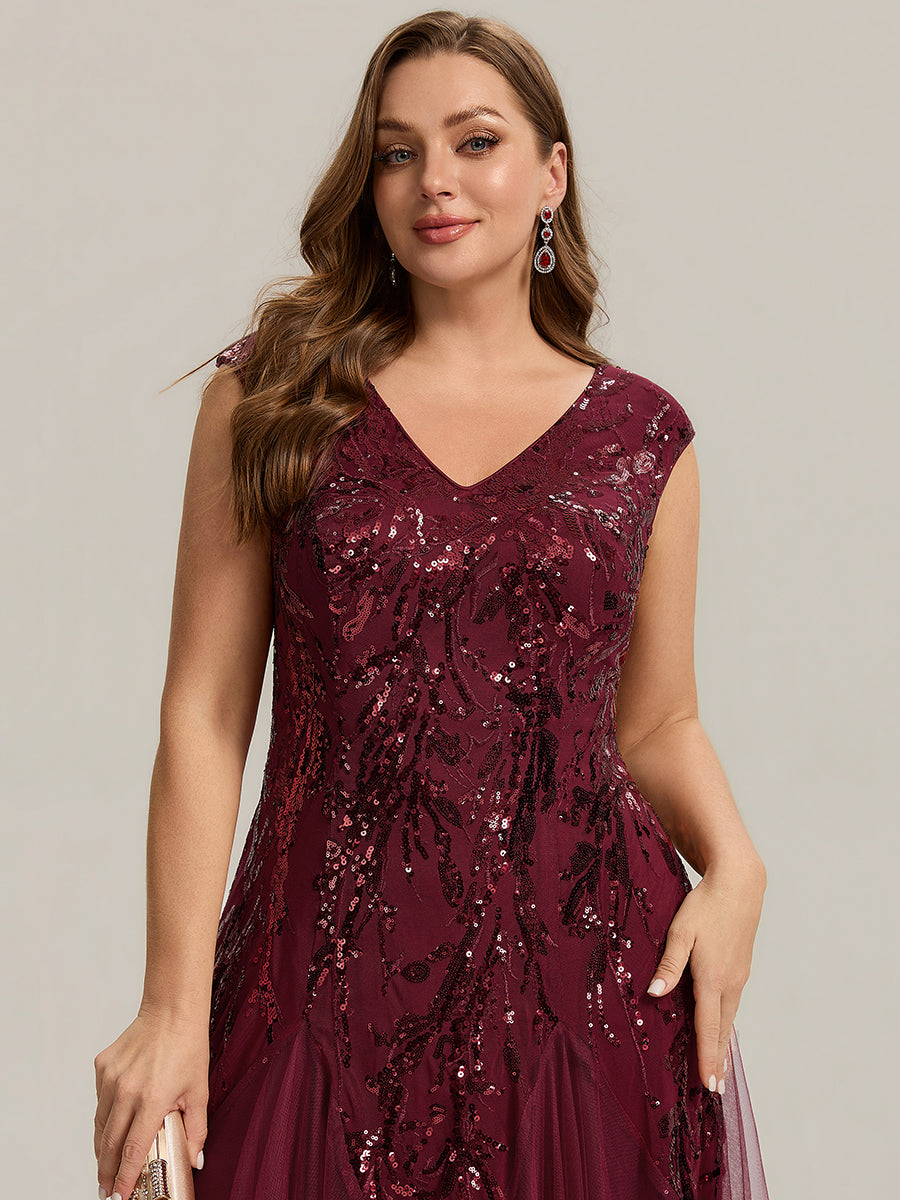 robe longue sans manches décolletée en V brodée de fleurs en A #Couleur_Bordeaux