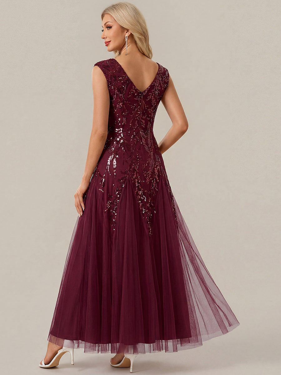 robe longue sans manches décolletée en V brodée de fleurs en A #Couleur_Bordeaux