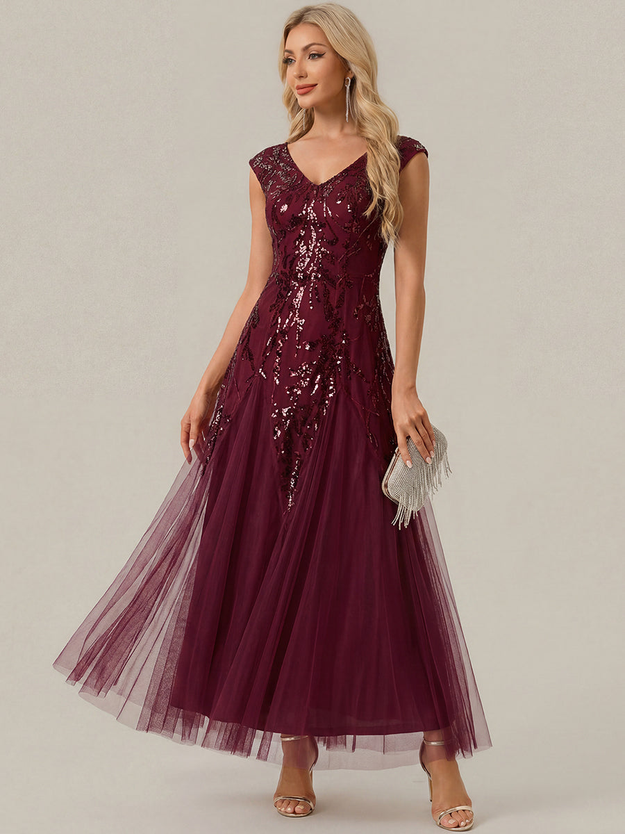 robe longue sans manches décolletée en V brodée de fleurs en A #Couleur_Bordeaux