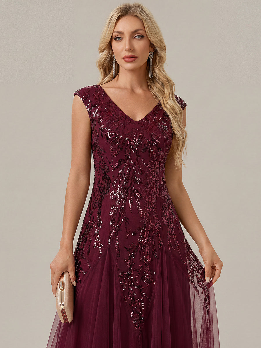 robe longue sans manches décolletée en V brodée de fleurs en A #Couleur_Bordeaux
