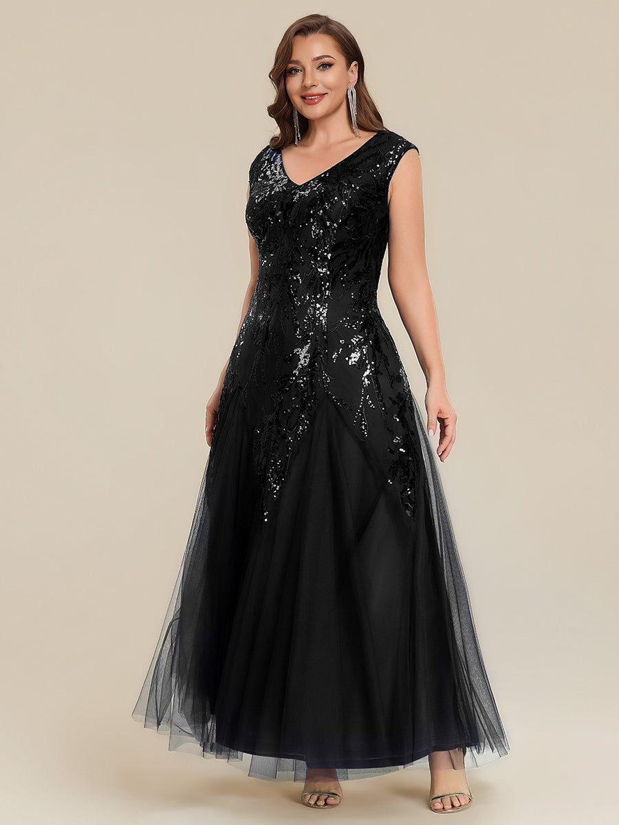 robe longue sans manches décolletée en V brodée de fleurs en A #Couleur_Noir