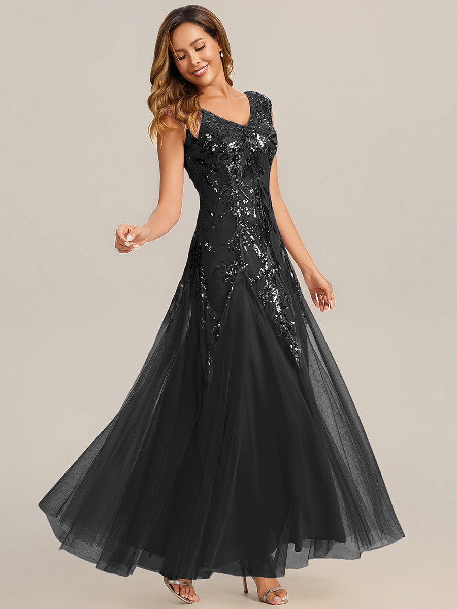 robe longue sans manches décolletée en V brodée de fleurs en A #Couleur_Noir