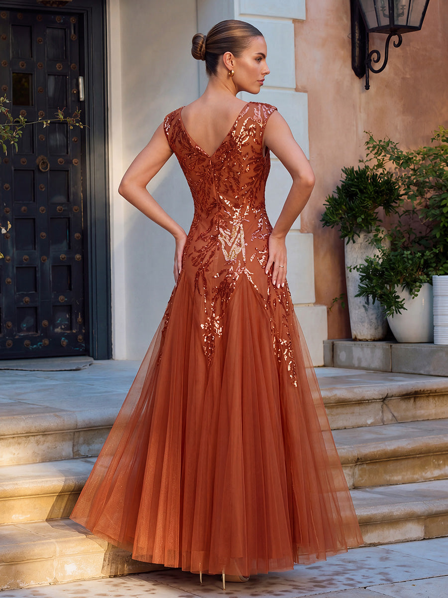 robe longue sans manches décolletée en V brodée de fleurs en A #Couleur_Burnt Orange