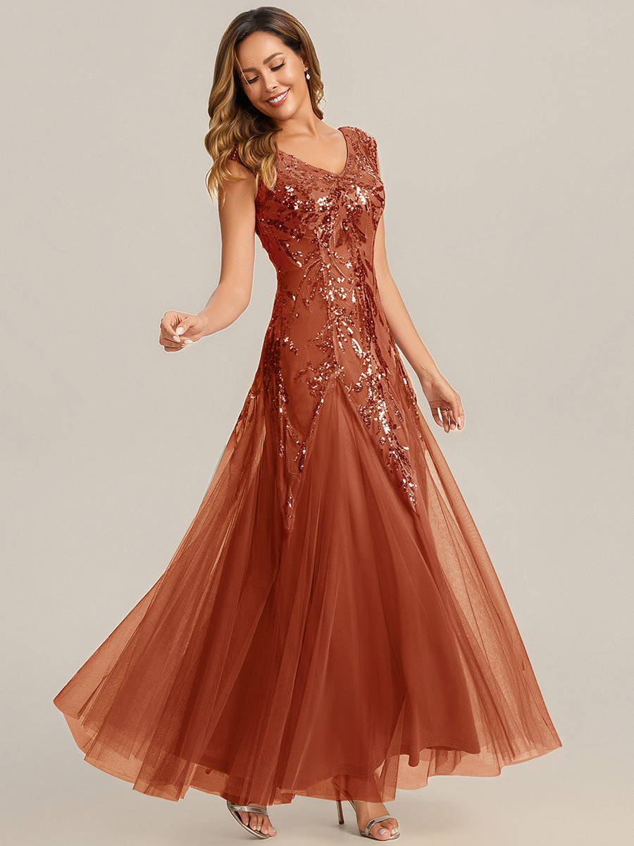 robe longue sans manches décolletée en V brodée de fleurs en A #Couleur_Burnt Orange