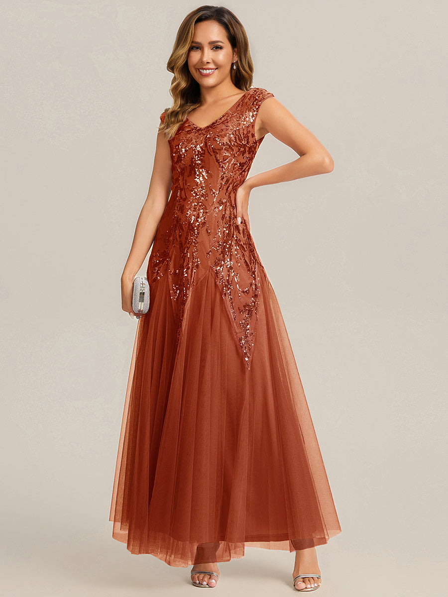 robe longue sans manches décolletée en V brodée de fleurs en A #Couleur_Burnt Orange