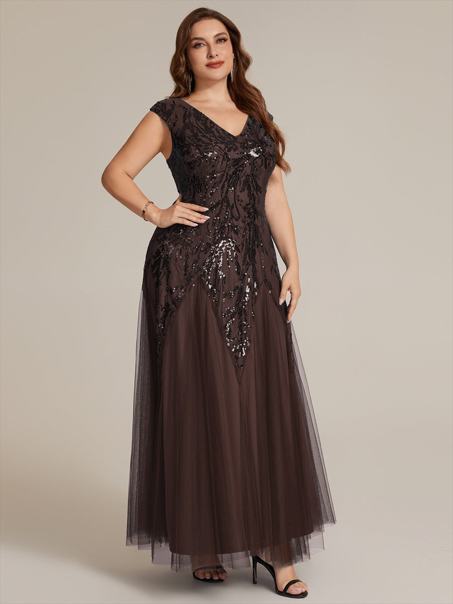 robe longue sans manches décolletée en V brodée de fleurs en A #Couleur_Marron chocolat