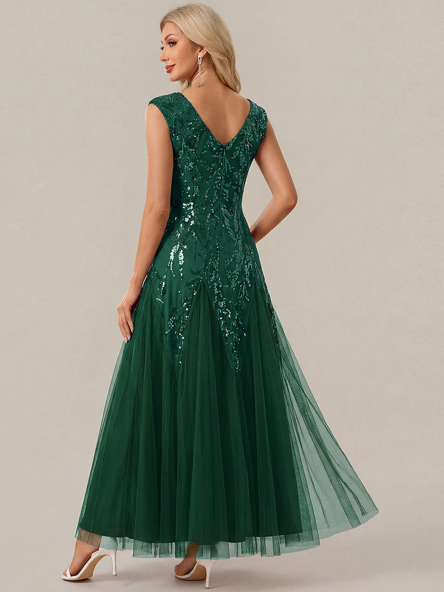 robe longue sans manches décolletée en V brodée de fleurs en A #Couleur_Vert Fonce