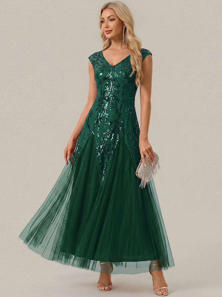 robe longue sans manches décolletée en V brodée de fleurs en A #Couleur_Vert Fonce
