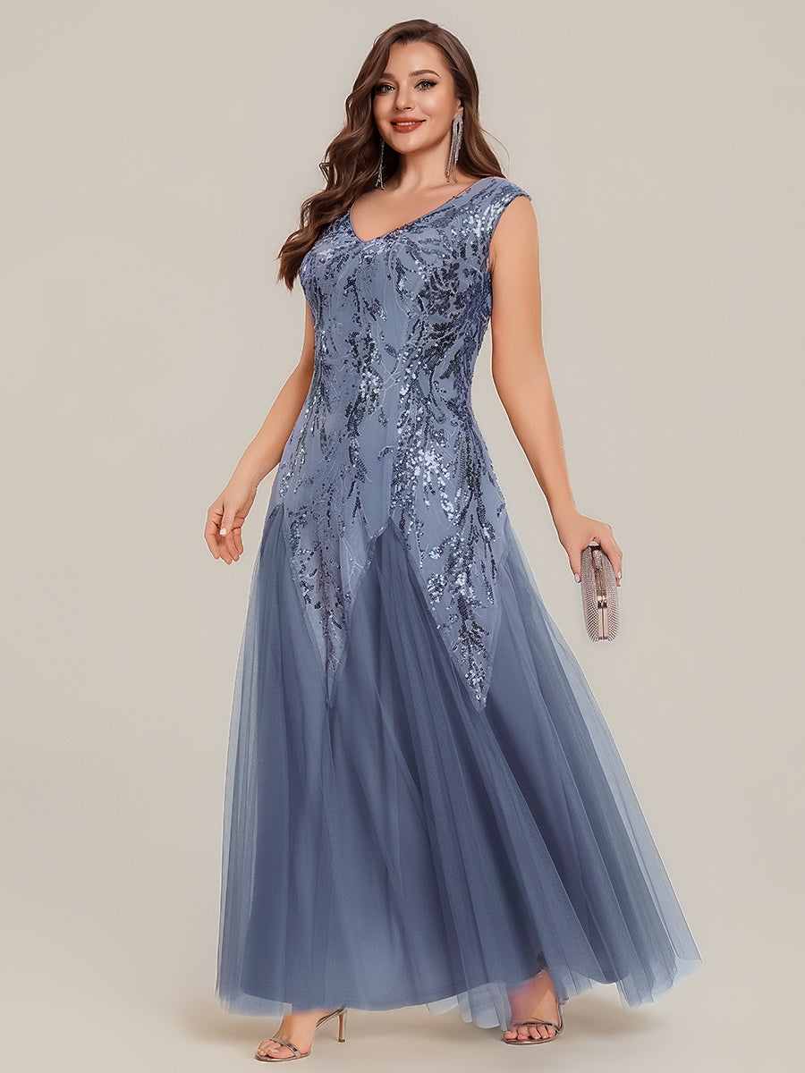 robe longue sans manches décolletée en V brodée de fleurs en A #Couleur_Marine Fume