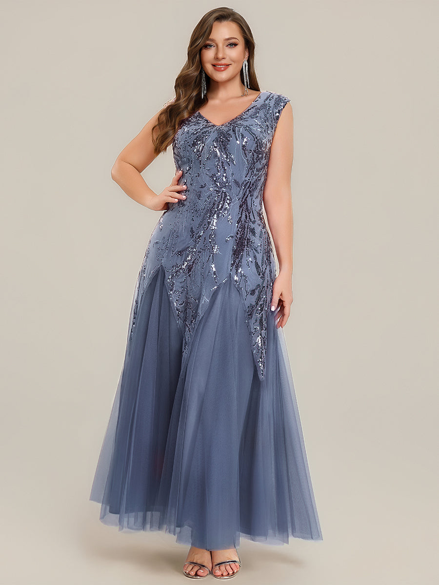 robe longue sans manches décolletée en V brodée de fleurs en A #Couleur_Marine Fume