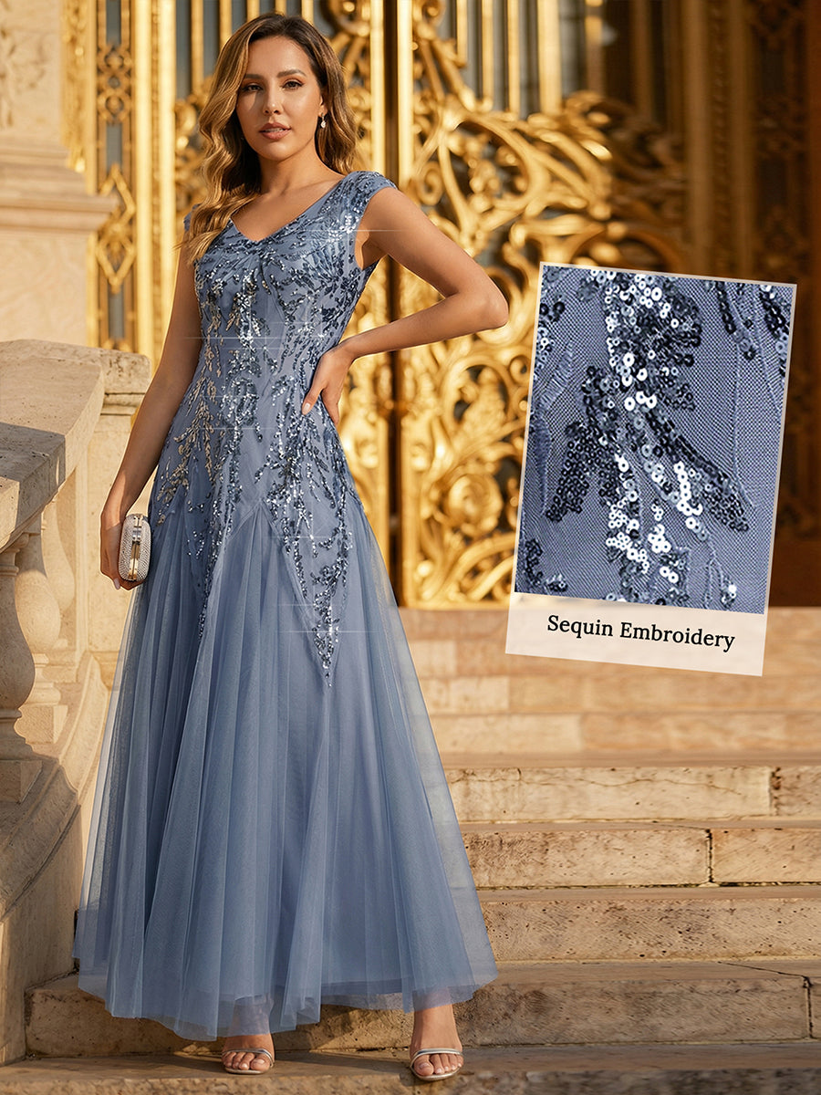 robe longue sans manches décolletée en V brodée de fleurs en A #Couleur_Marine Fume