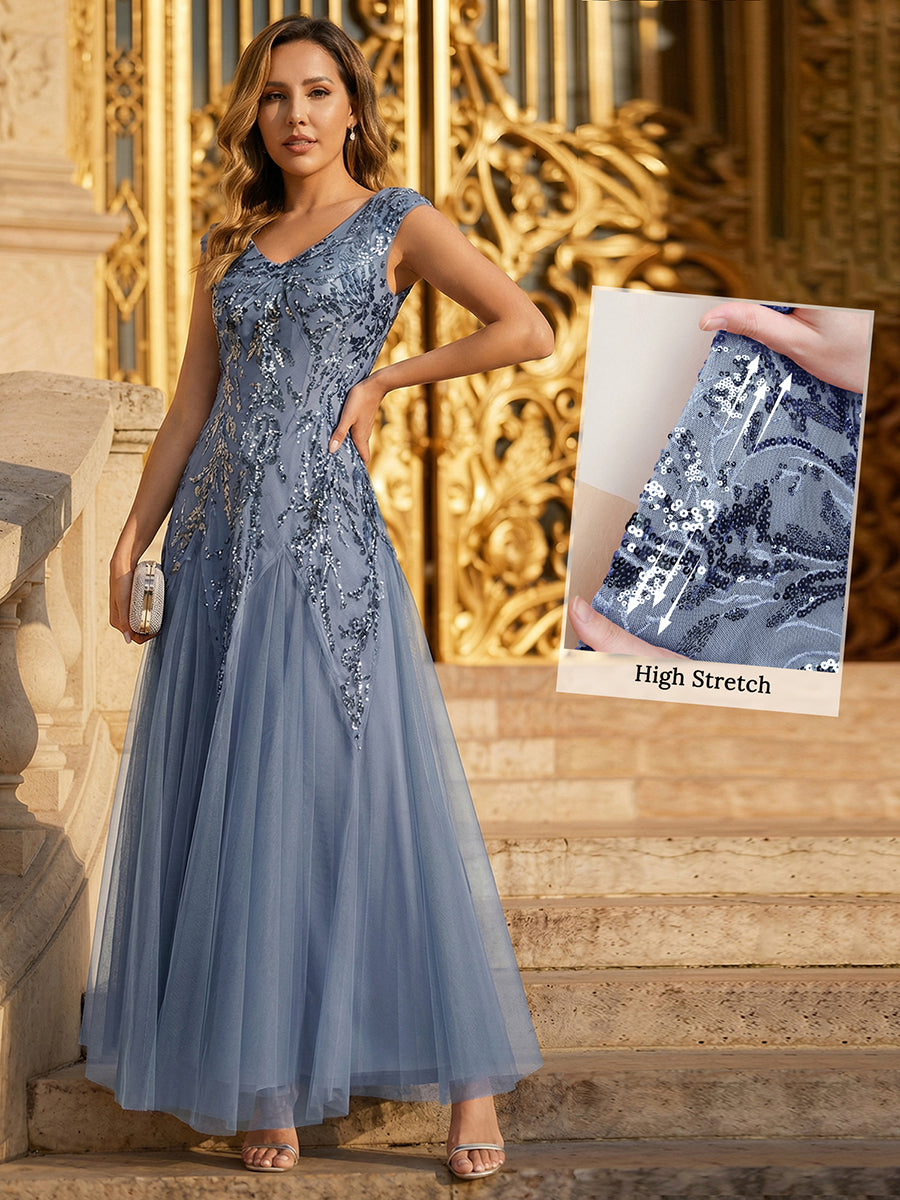 robe longue sans manches décolletée en V brodée de fleurs en A #Couleur_Marine Fume