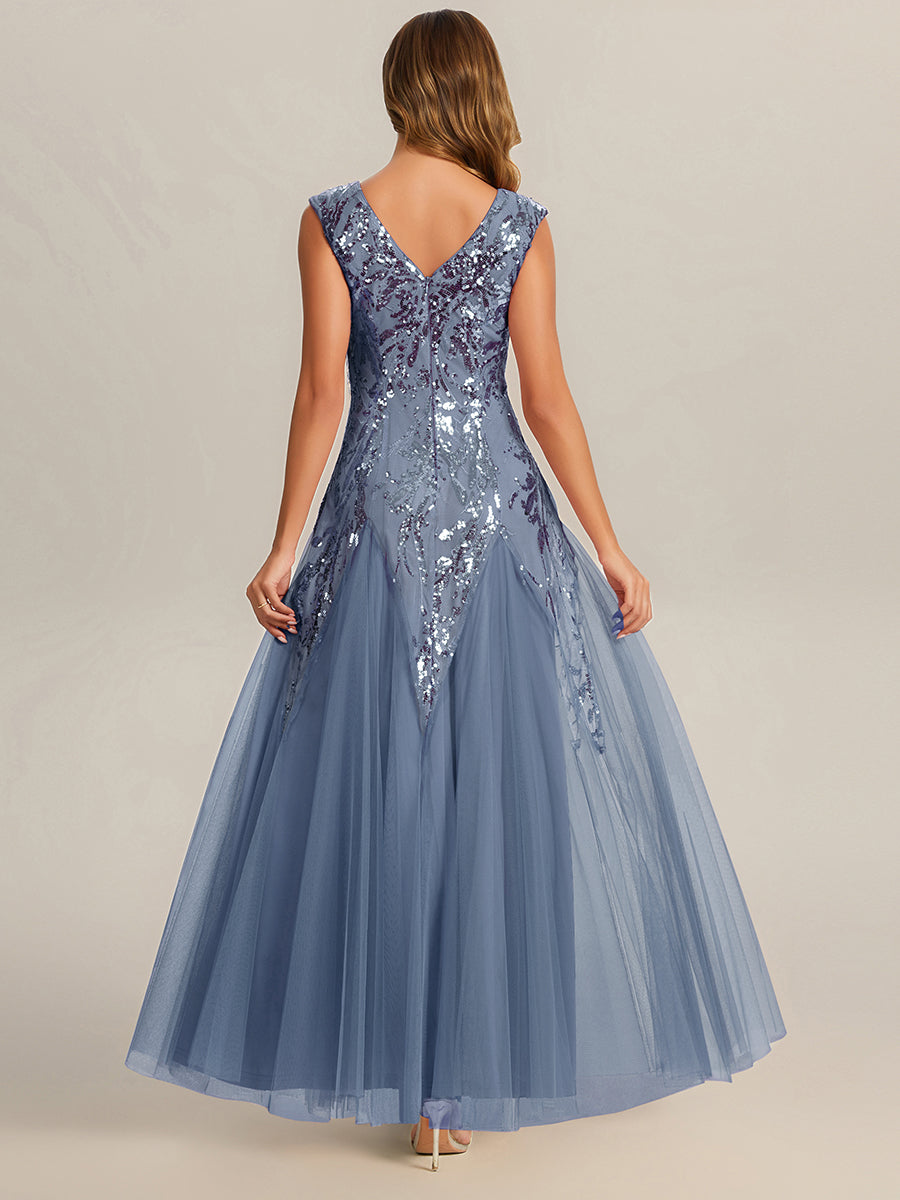 robe longue sans manches décolletée en V brodée de fleurs en A #Couleur_Marine Fume