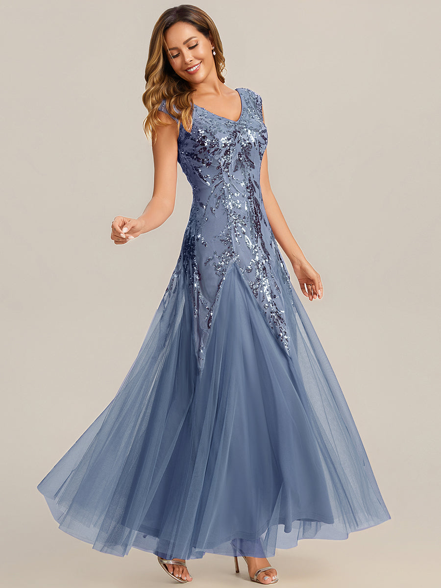 robe longue sans manches décolletée en V brodée de fleurs en A #Couleur_Marine Fume