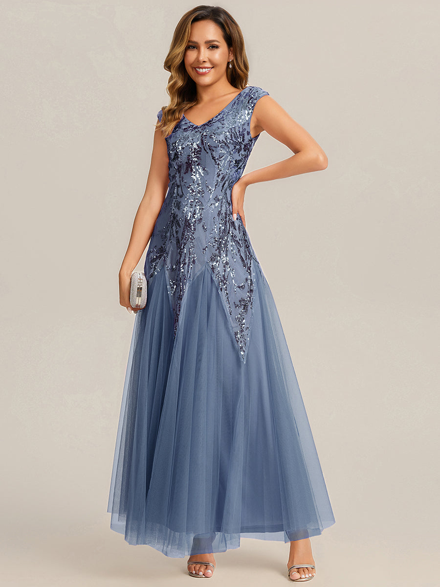 robe longue sans manches décolletée en V brodée de fleurs en A #Couleur_Marine Fume
