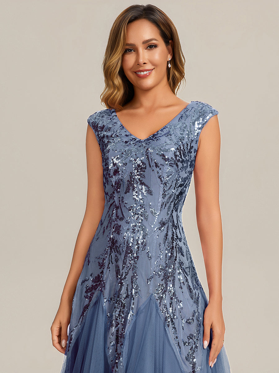 robe longue sans manches décolletée en V brodée de fleurs en A #Couleur_Marine Fume
