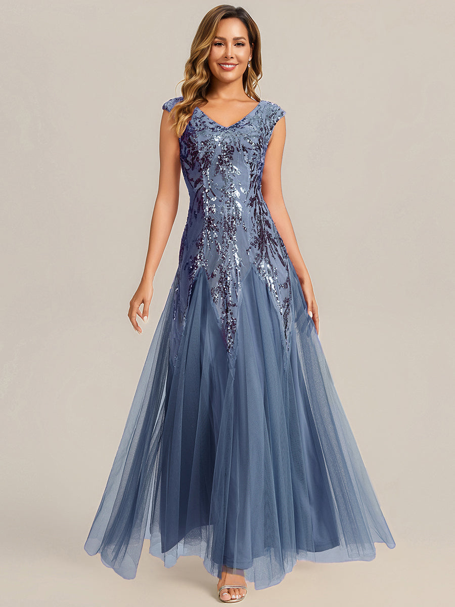 robe longue sans manches décolletée en V brodée de fleurs en A #Couleur_Marine Fume