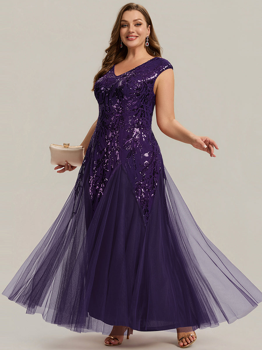 robe longue sans manches décolletée en V brodée de fleurs en A #Couleur_Violet Fonce