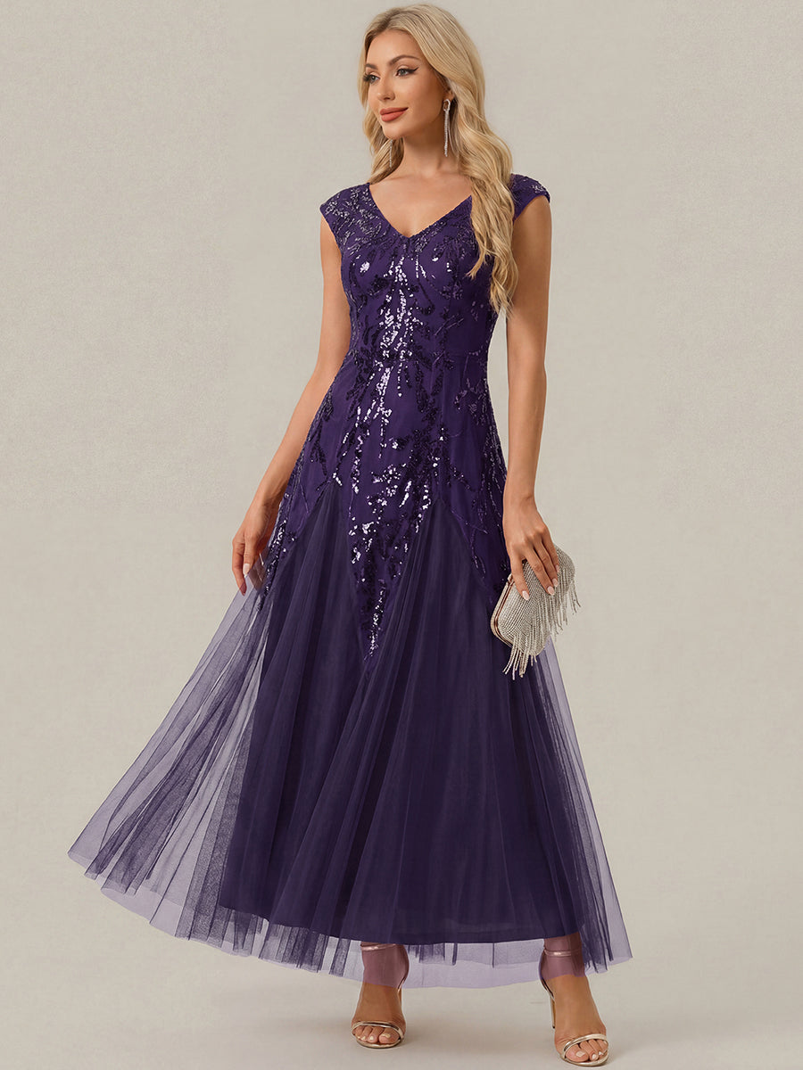 robe longue sans manches décolletée en V brodée de fleurs en A #Couleur_Violet Fonce