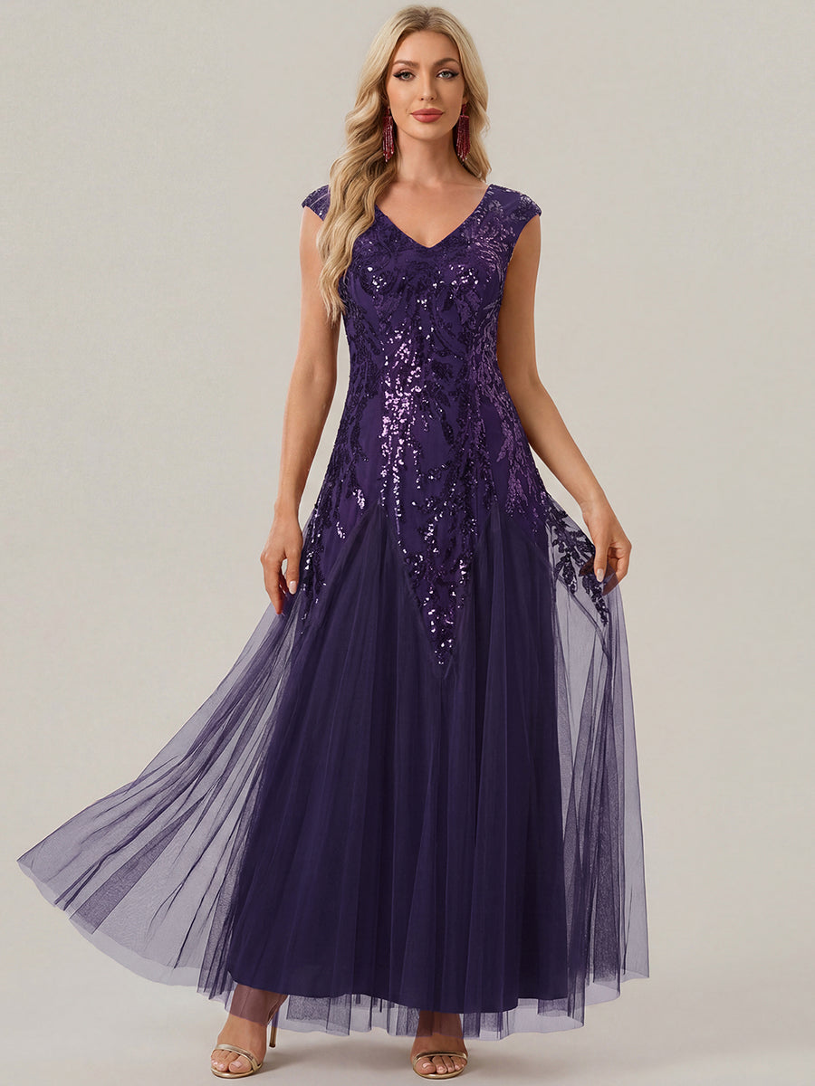 robe longue sans manches décolletée en V brodée de fleurs en A #Couleur_Violet Fonce