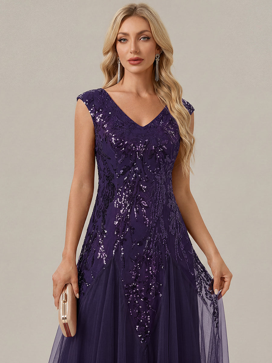 robe longue sans manches décolletée en V brodée de fleurs en A #Couleur_Violet Fonce