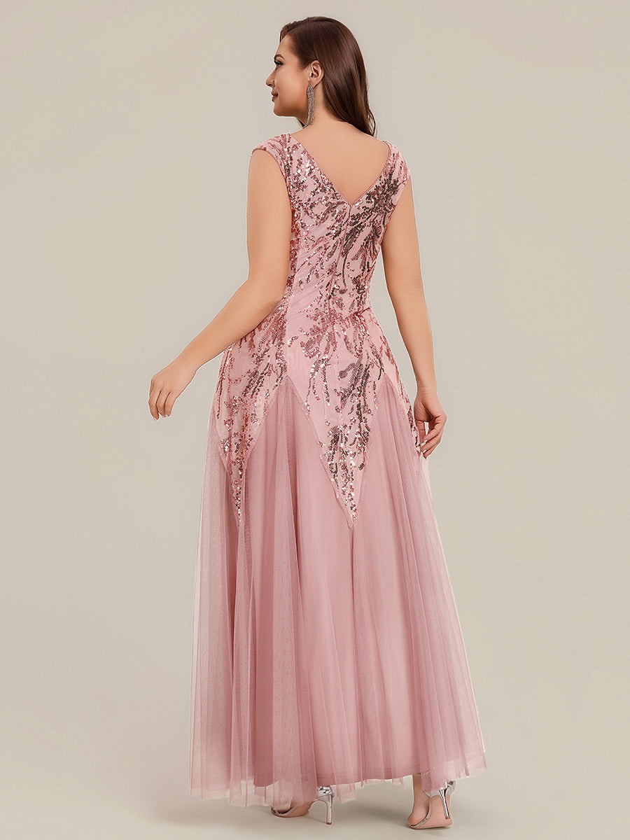 robe longue sans manches décolletée en V brodée de fleurs en A #Couleur_Rose fumee