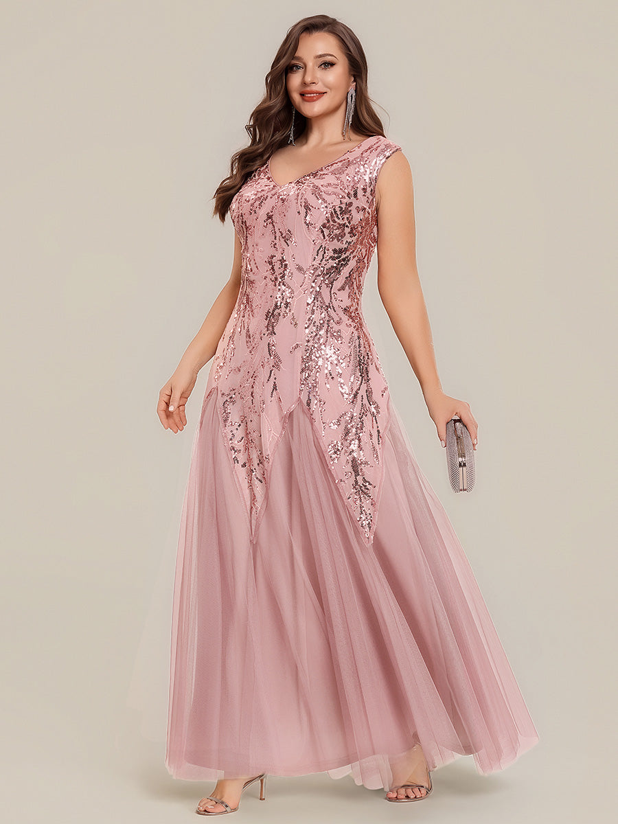 robe longue sans manches décolletée en V brodée de fleurs en A #Couleur_Rose fumee