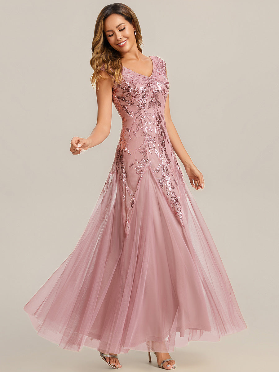 robe longue sans manches décolletée en V brodée de fleurs en A #Couleur_Rose fumee