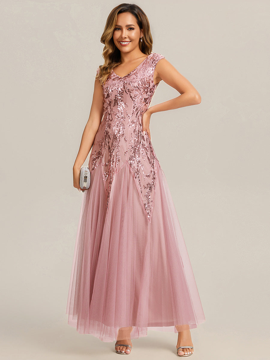 robe longue sans manches décolletée en V brodée de fleurs en A #Couleur_Rose fumee