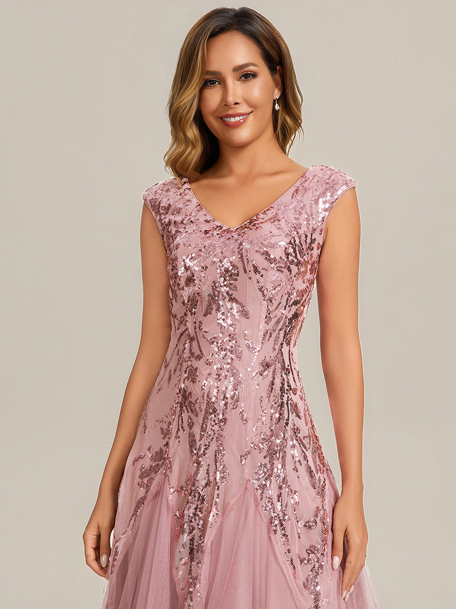 robe longue sans manches décolletée en V brodée de fleurs en A #Couleur_Rose fumee