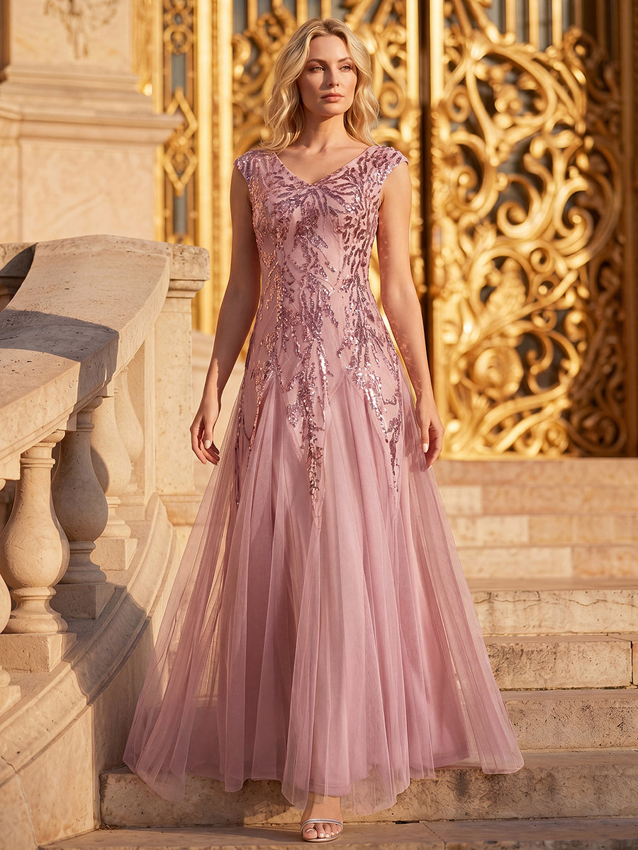 robe longue sans manches décolletée en V brodée de fleurs en A #Couleur_Rose fumee