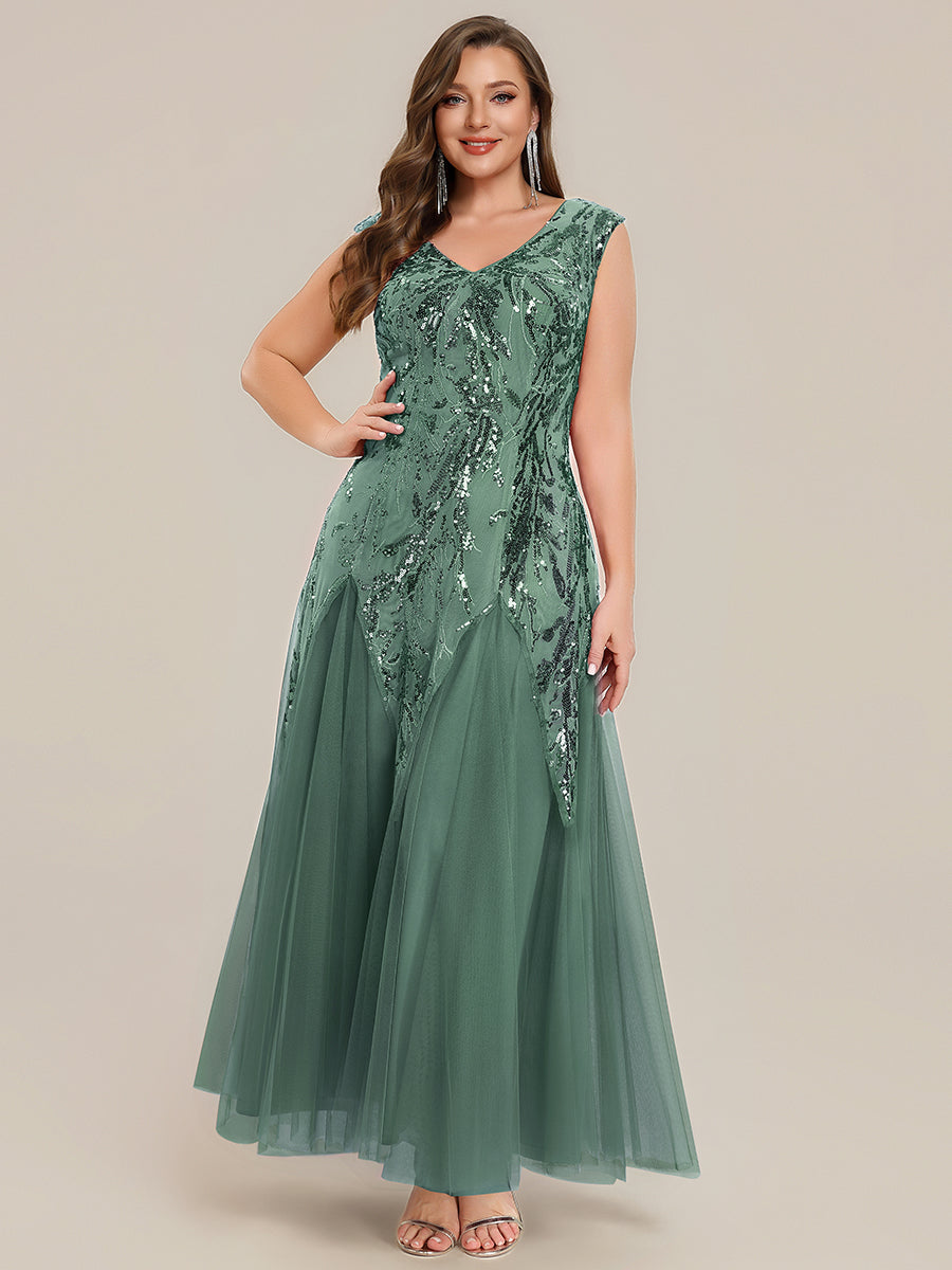 robe longue sans manches décolletée en V brodée de fleurs en A #Couleur_Eukalyptus Grün