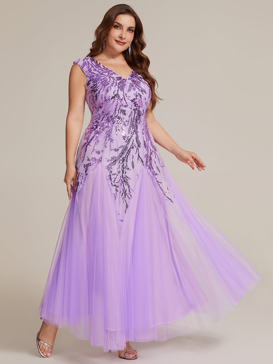 robe longue sans manches décolletée en V brodée de fleurs en A #Couleur_Lilas Givré