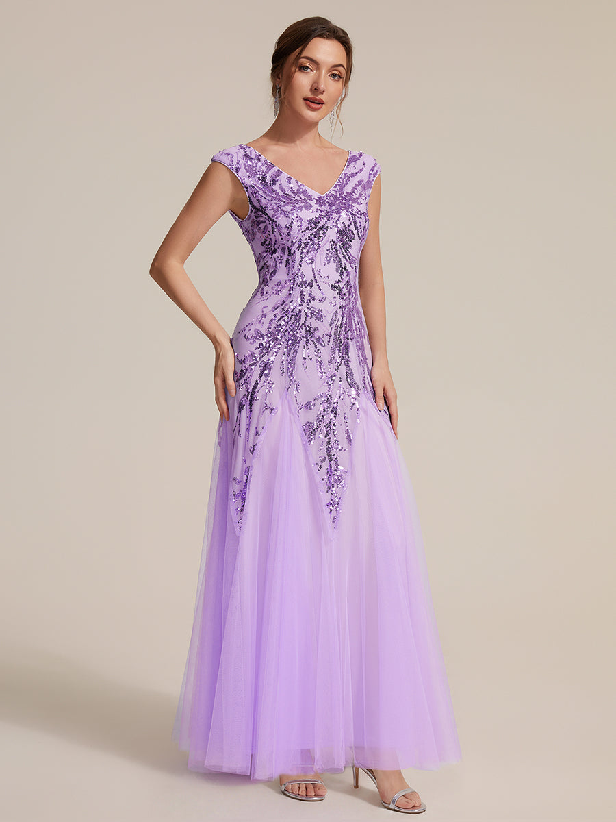 robe longue sans manches décolletée en V brodée de fleurs en A #Couleur_Lilas Givré
