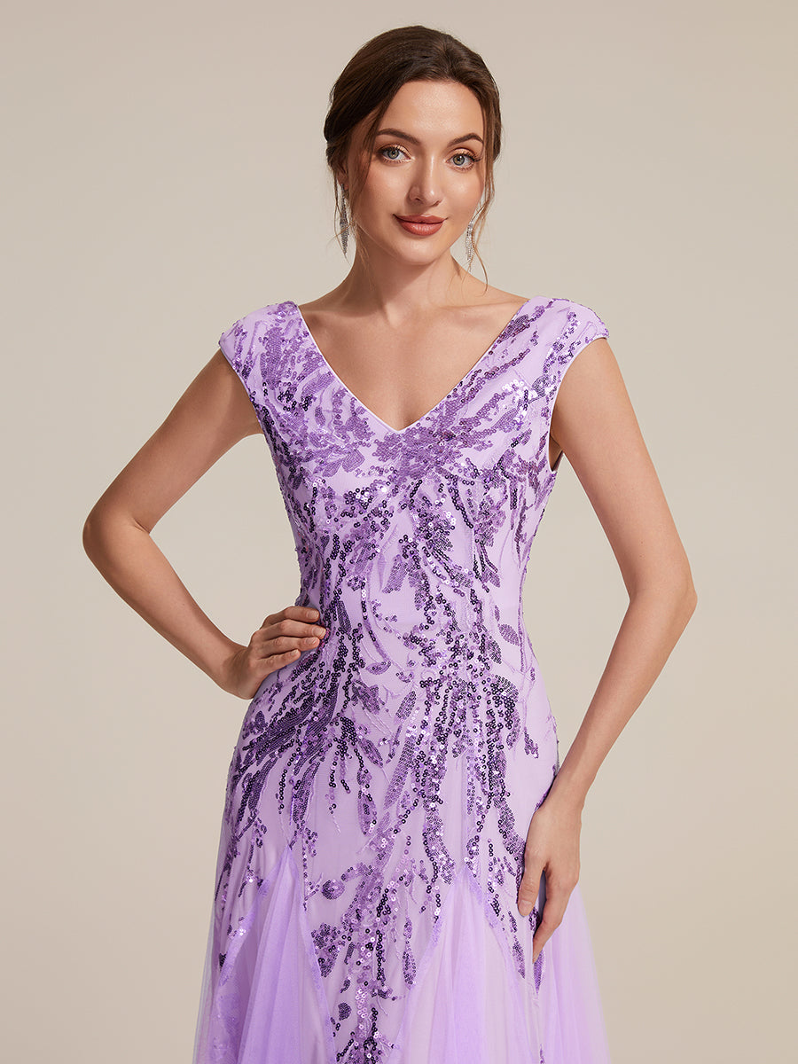robe longue sans manches décolletée en V brodée de fleurs en A #Couleur_Lilas Givré