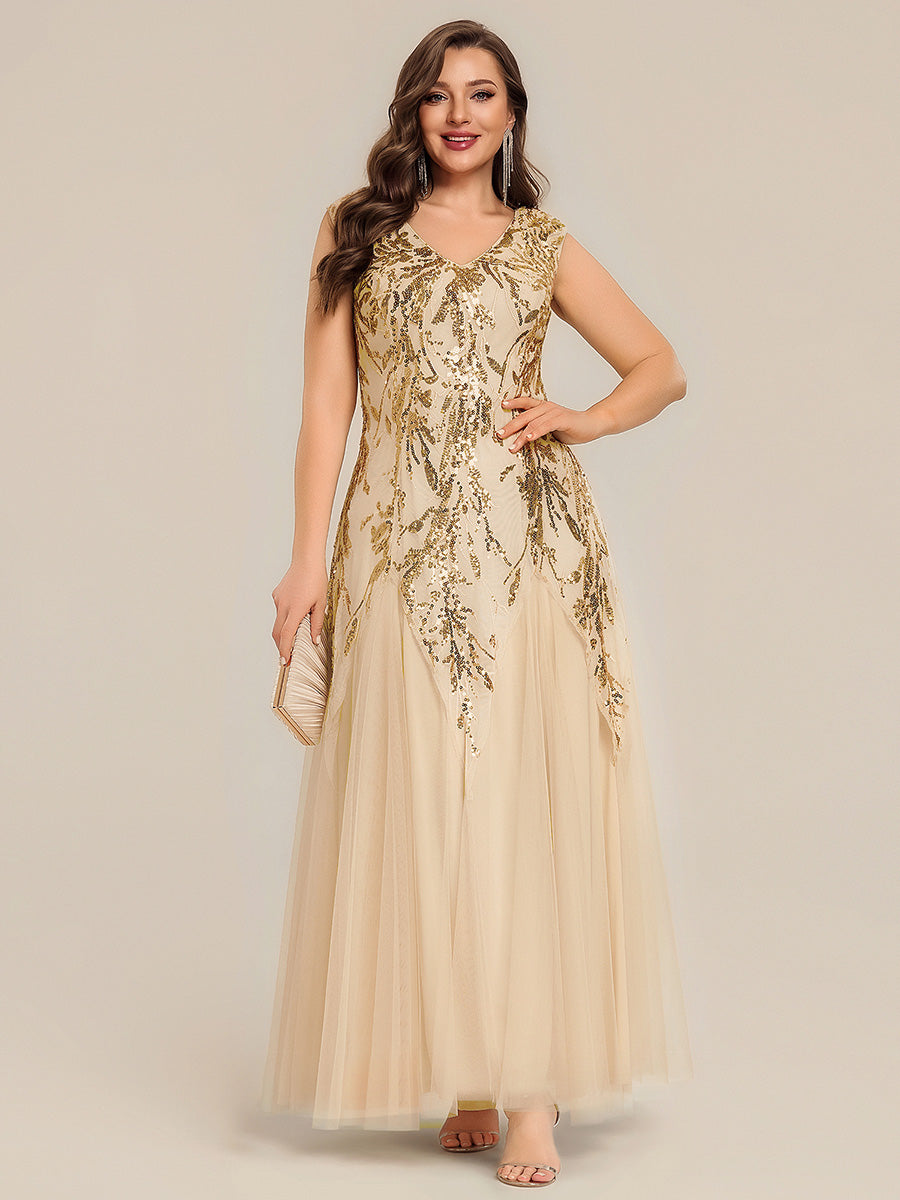 robe longue sans manches décolletée en V brodée de fleurs en A #Couleur_Dorée
