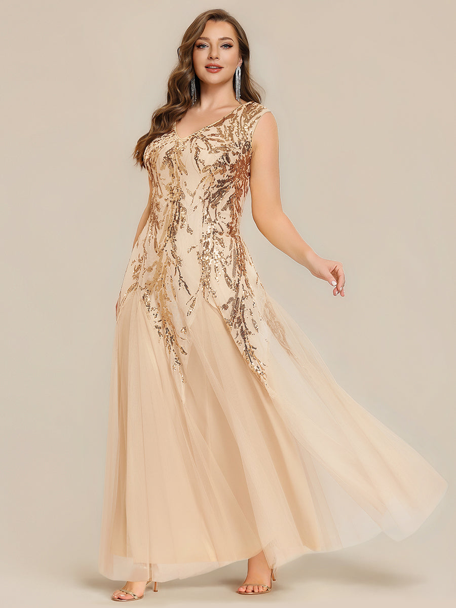 robe longue sans manches décolletée en V brodée de fleurs en A #Couleur_Dorée