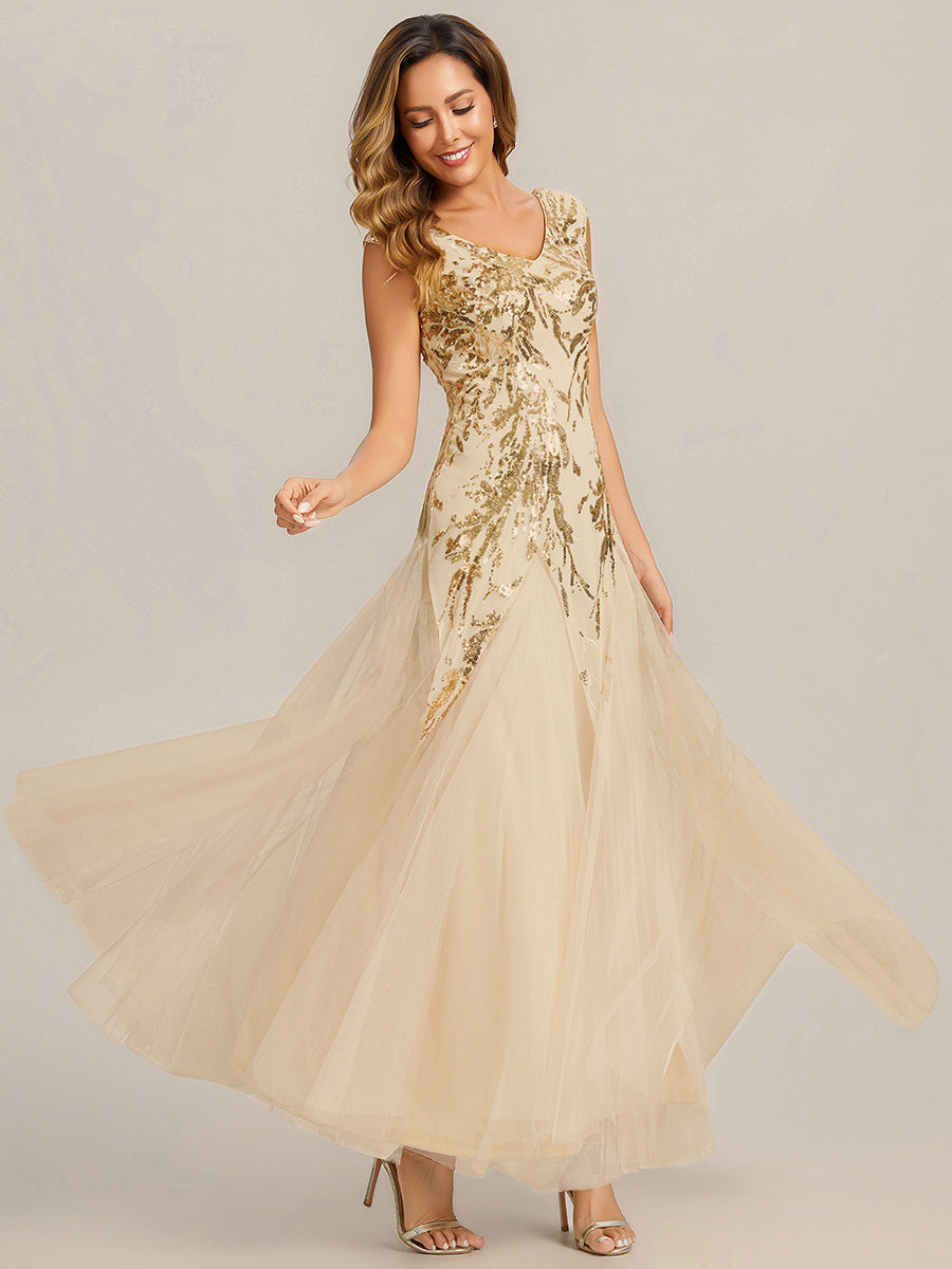 robe longue sans manches décolletée en V brodée de fleurs en A #Couleur_Dorée