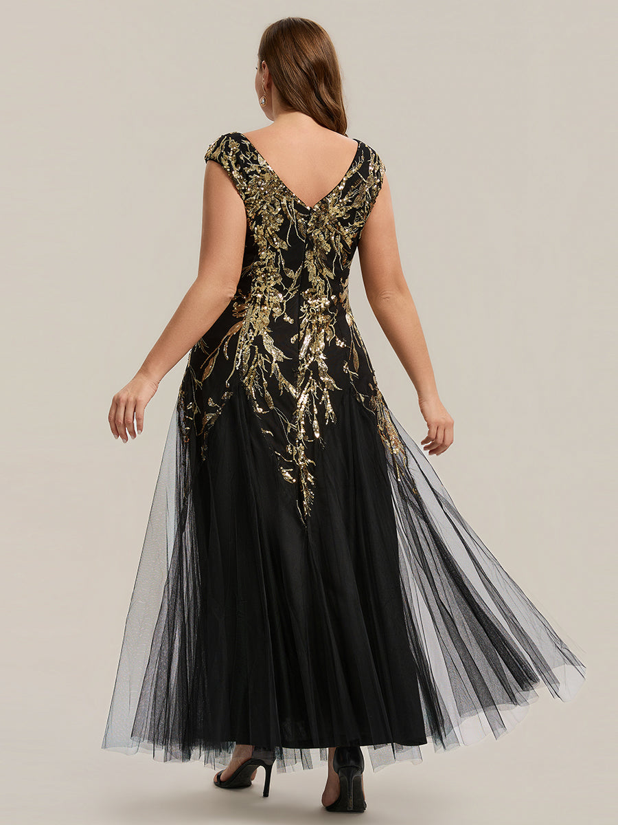 robe longue sans manches décolletée en V brodée de fleurs en A #Couleur_Noir & Or