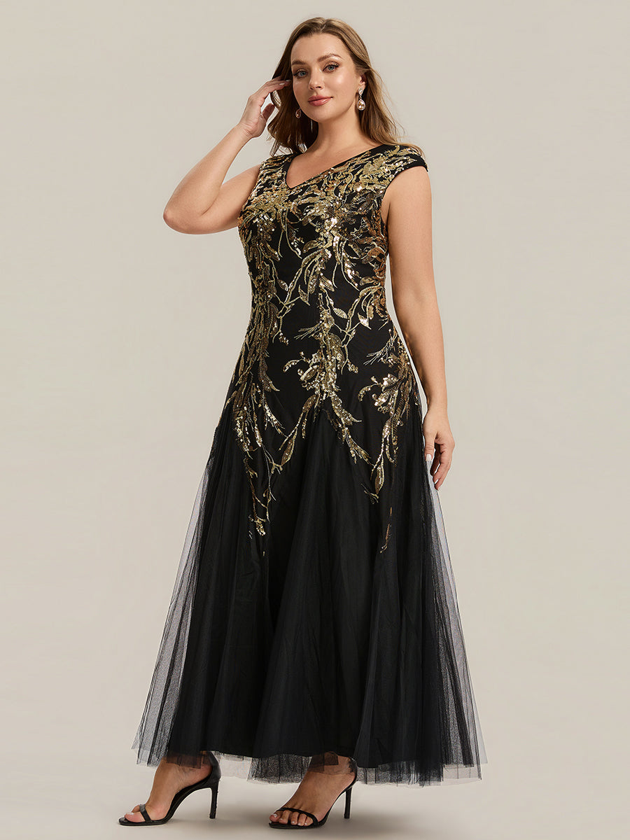 robe longue sans manches décolletée en V brodée de fleurs en A #Couleur_Noir & Or